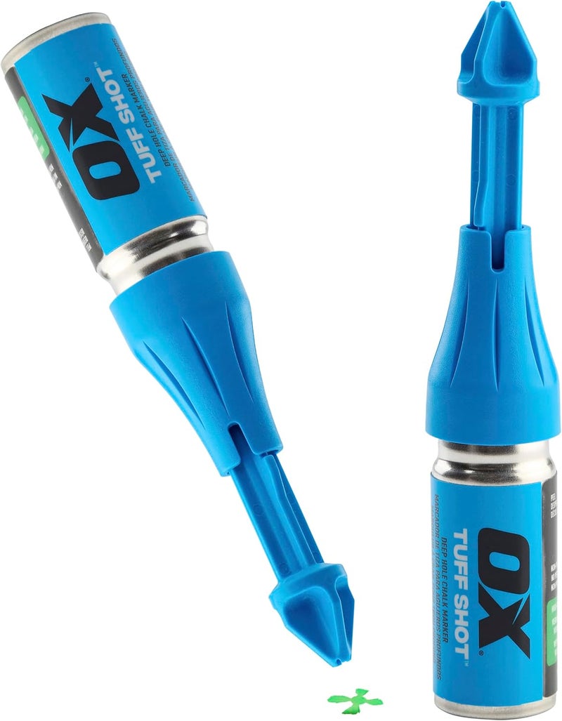 Ox Tools 2-Pack Tuff Shot Deep Reach Marking Tool, Drill Hole Markers, Chalkshot of Non Permanent Mark of High-Vis Green Chalk Deep Hole Marker, Long Reach 500 Total Chalk Burst Shots - Image 1